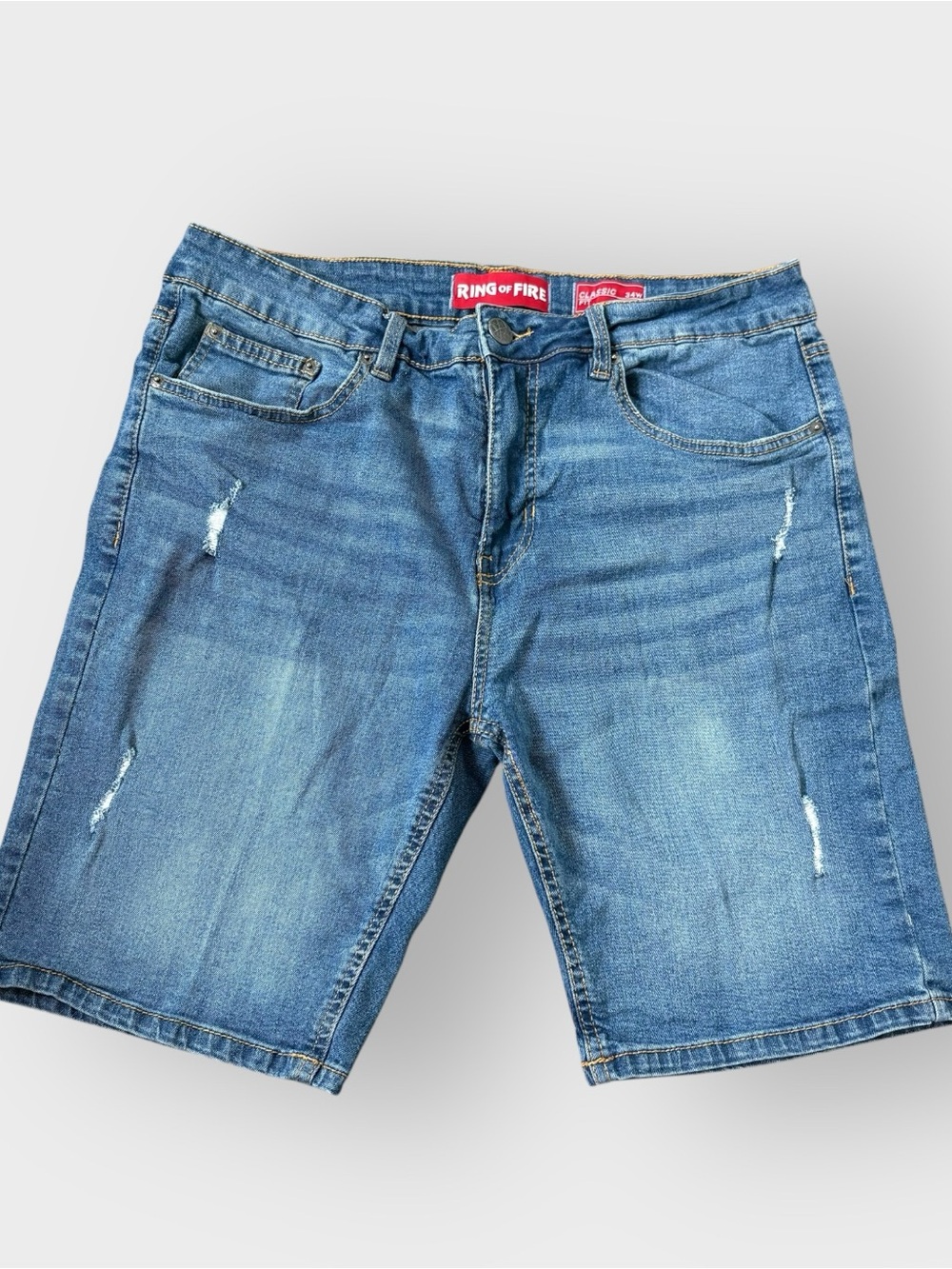 Ring of Fire Men's Blue Distressed Denim Shorts, Classic Fit - 5-Pocket, 34W